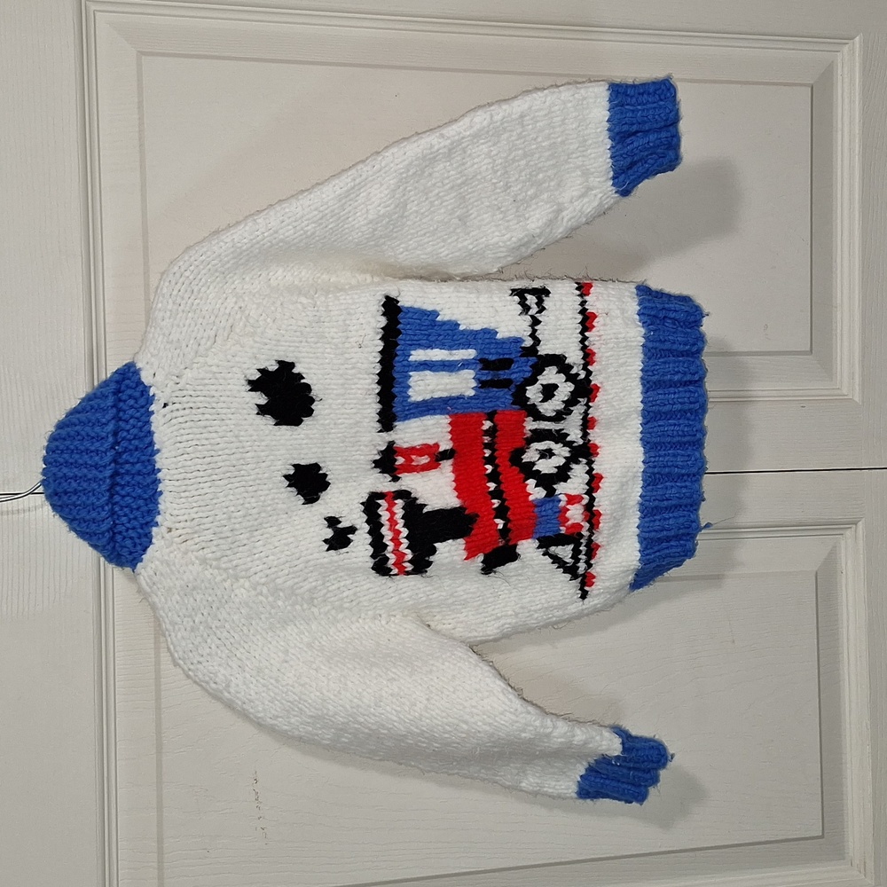 Vintage knit long-sleeve button-down sweater - 2T / 3T - white blue train - Picture 2 of 6